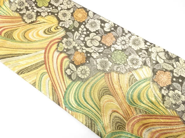 流水に花模様織り出し　振袖用袋帯